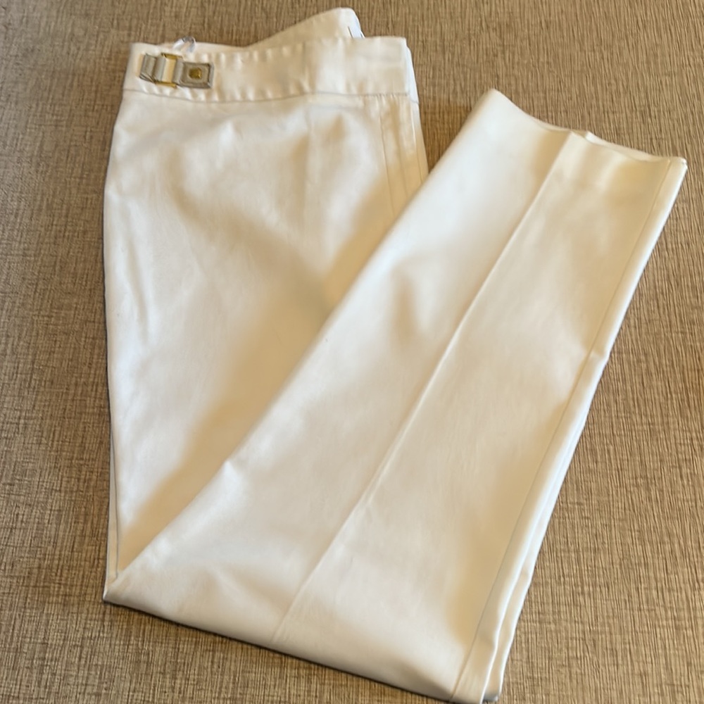 Calvin Klein flat front cream, winter white pants with leather embellishment